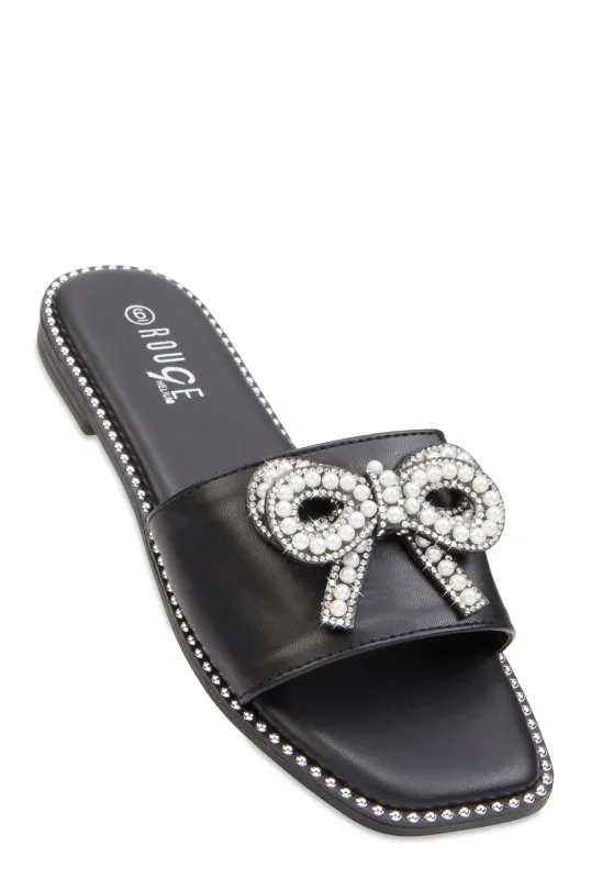 Rhinestone Faux Pearl Bow Band Slide Sandals sold by Rainbow