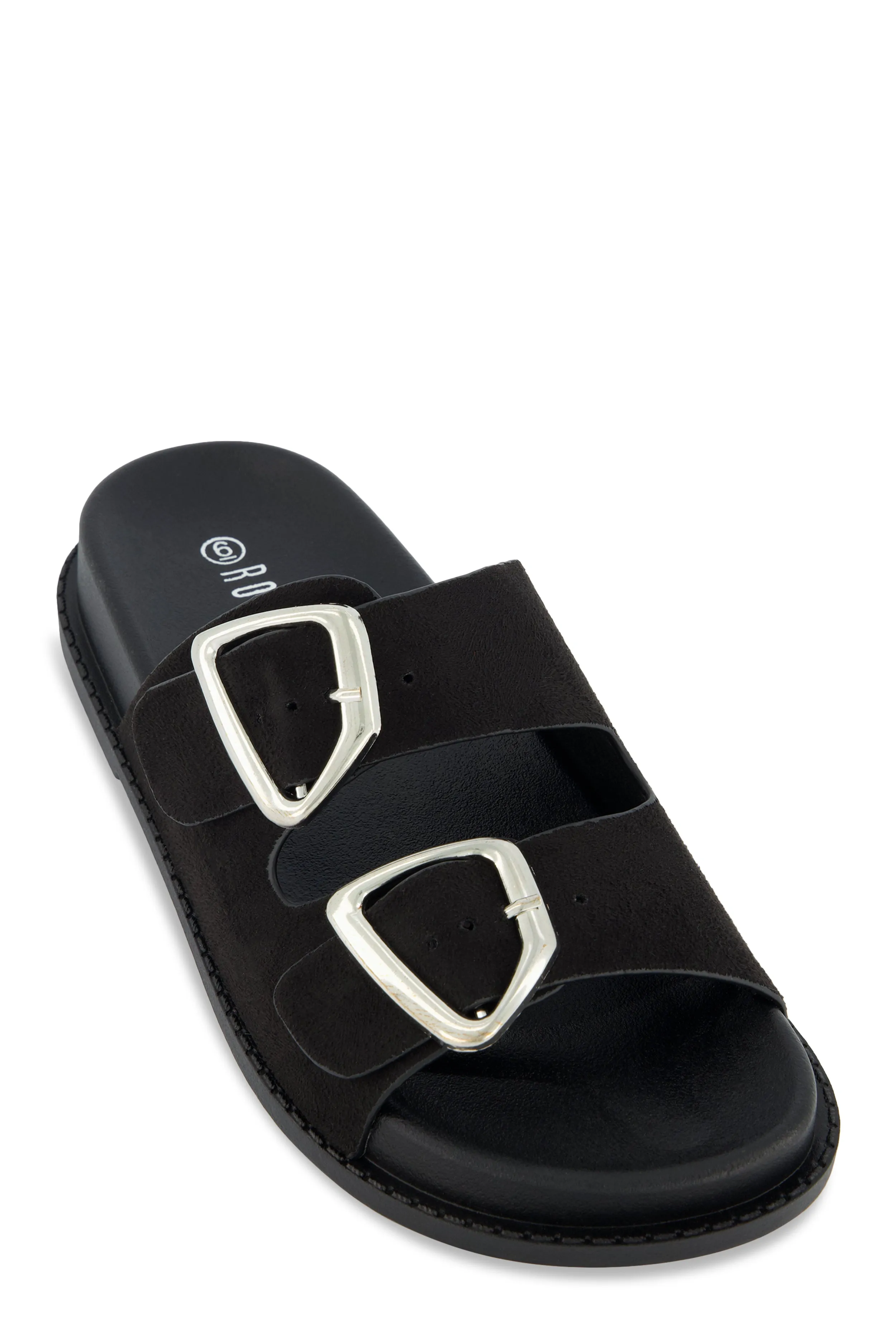 Faux Suede Double Buckle Band Slide Sandals sold by Rainbow