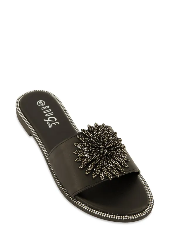 Rhinestone Studded 3D Floral Band Slide Sandals sold by Rainbow