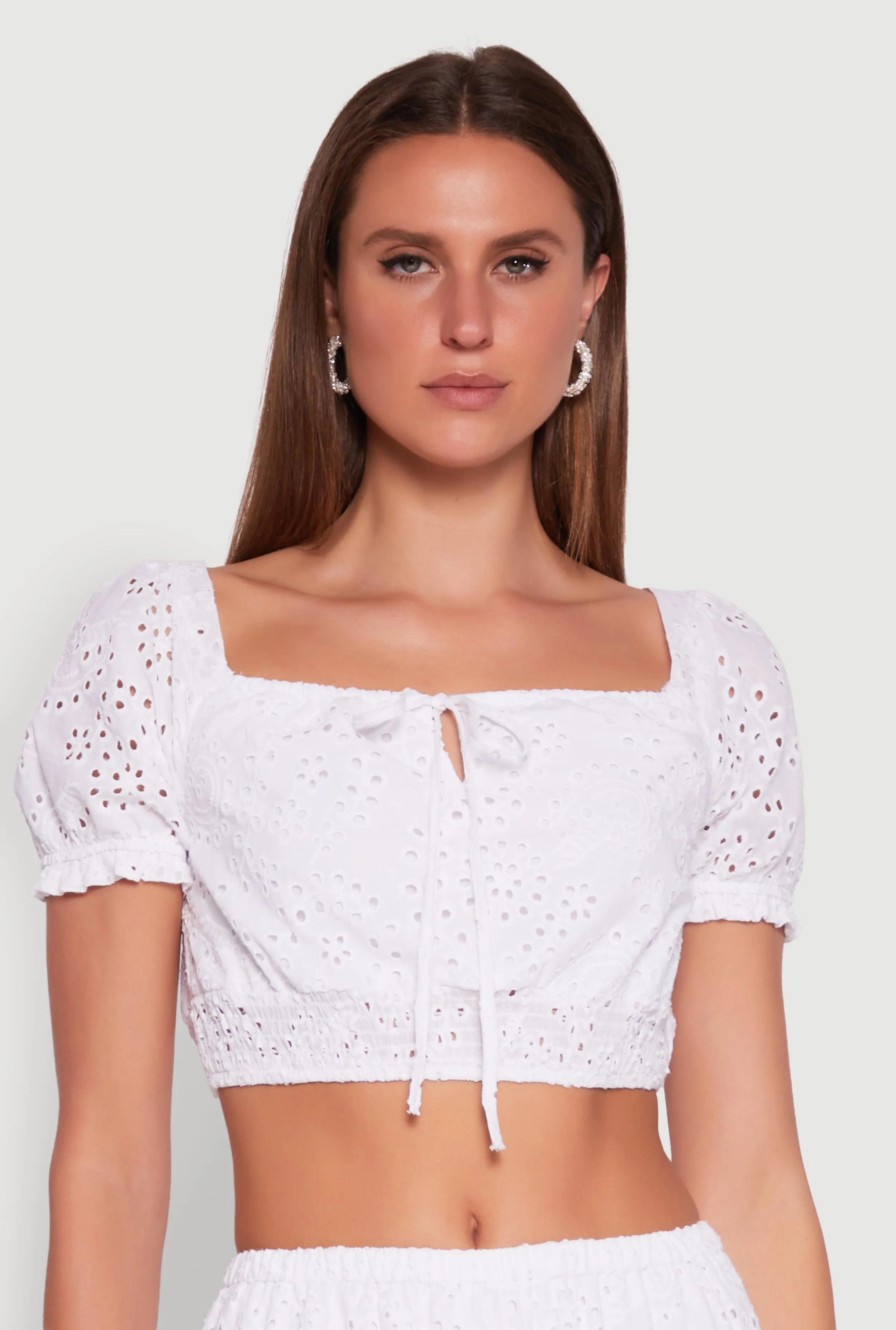 Chic Eyelet Puff Sleeve Crop Top sold by Rainbow