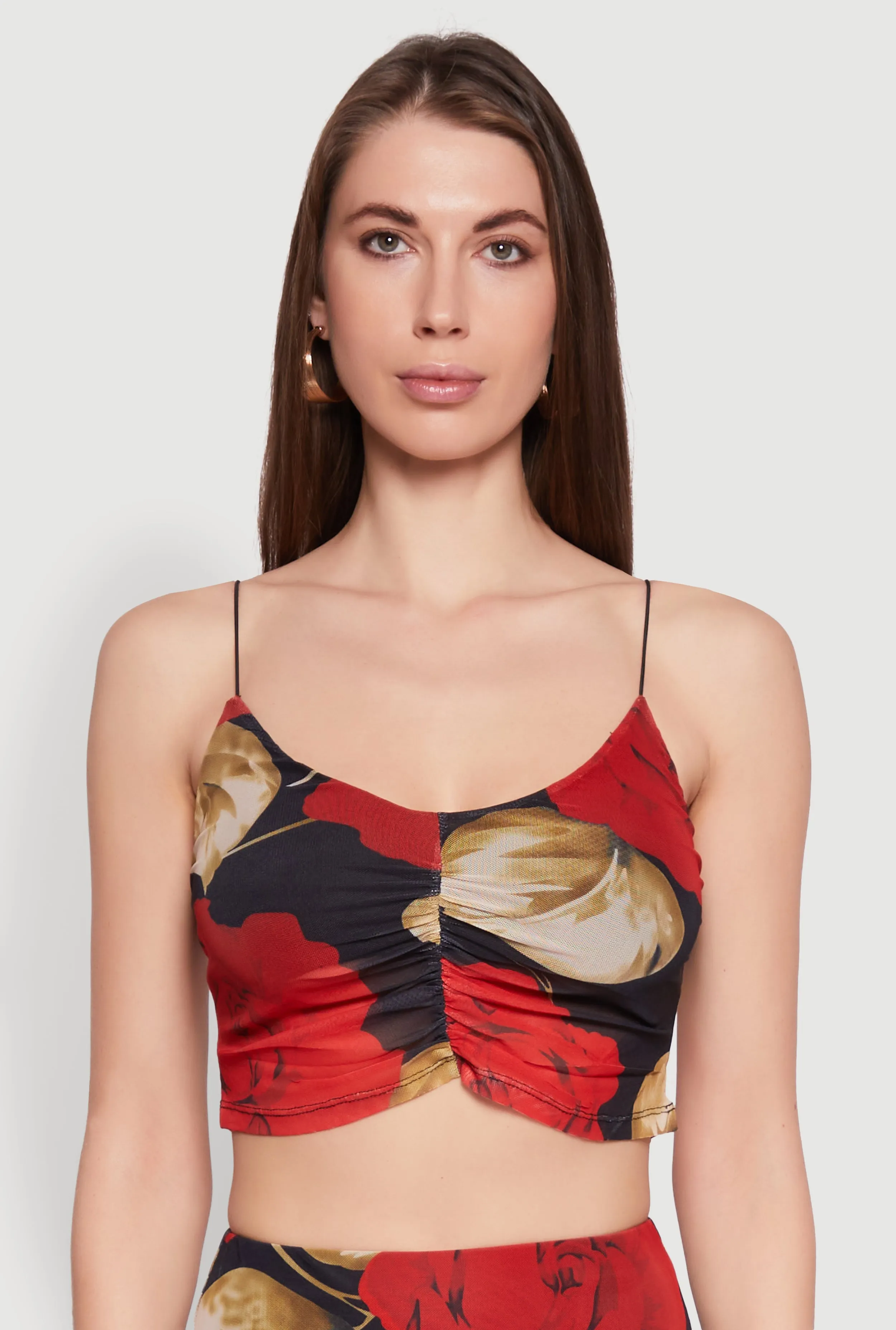 Mesh Rose Print Ruched Crop Top sold by Rainbow