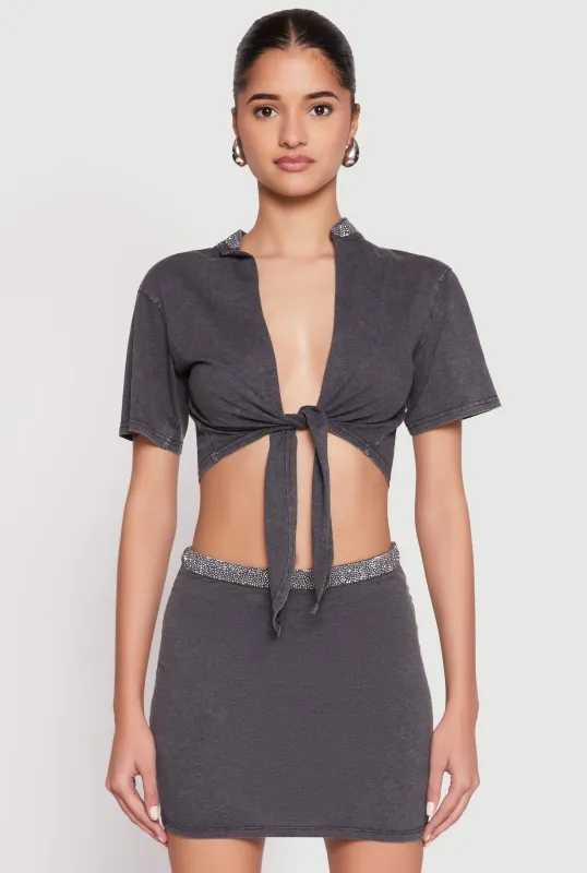 Rhinestone Collar Tie Front Crop Top sold by Rainbow