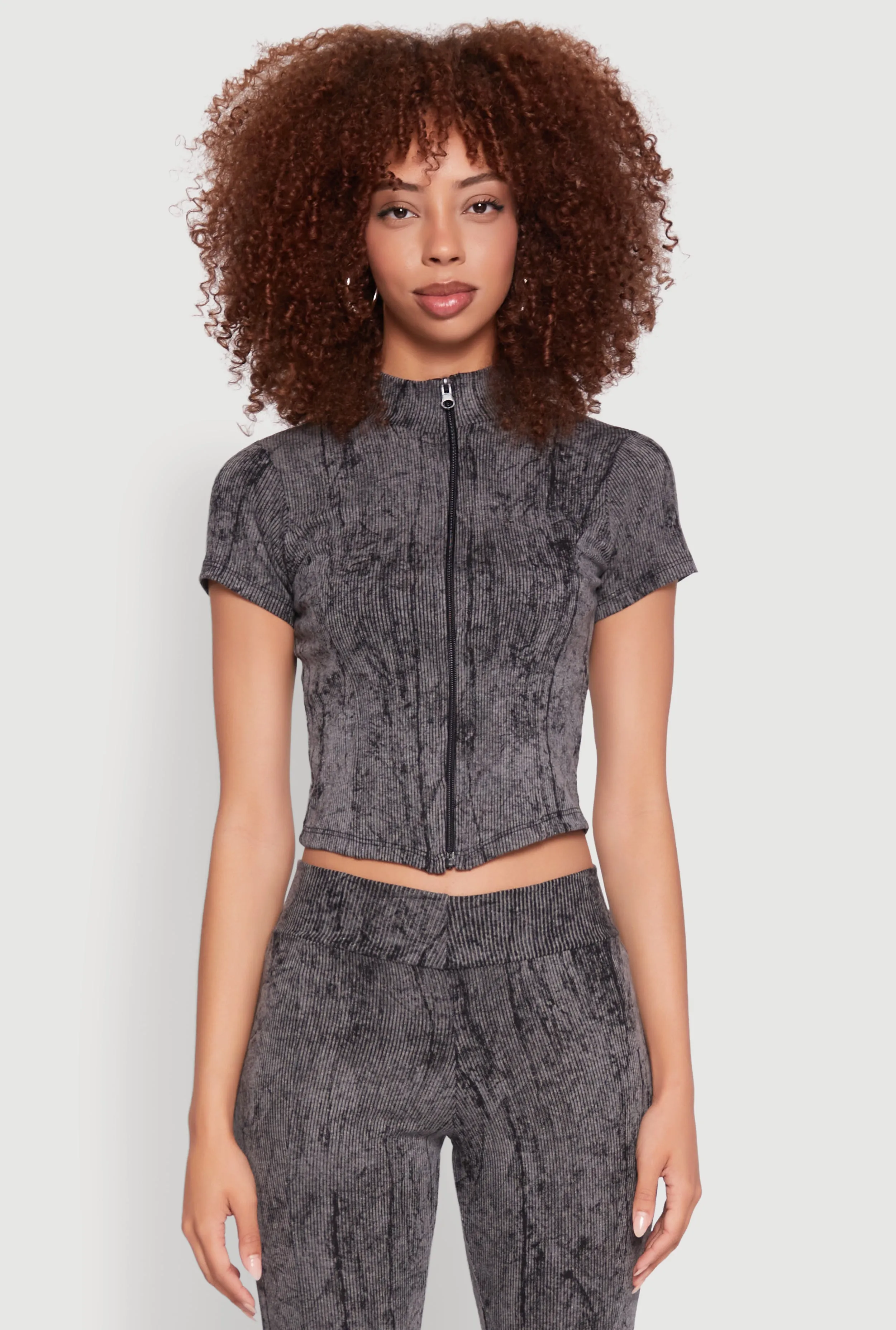 Ribbed Knit Mineral Wash Zip Front Top sold by Rainbow