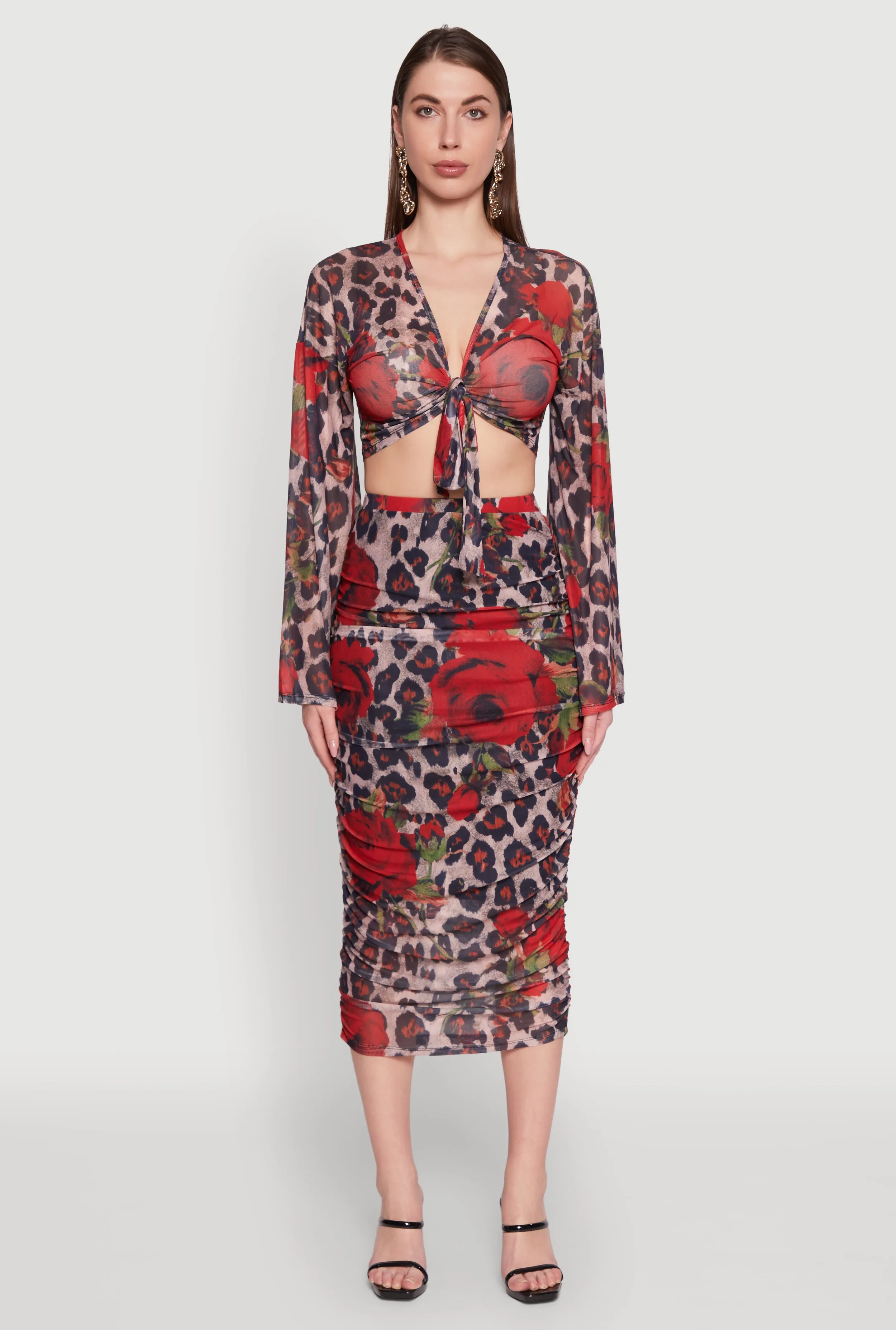 Mesh Jaguar Rose Print Ruched Skirt sold by Rainbow
