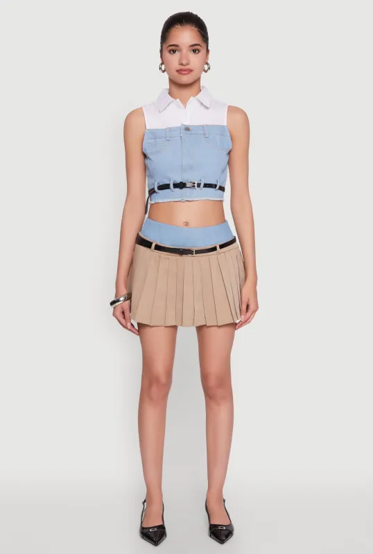Chic Denim Waistband Pleated Mini Skirt with Belt sold by Rainbow