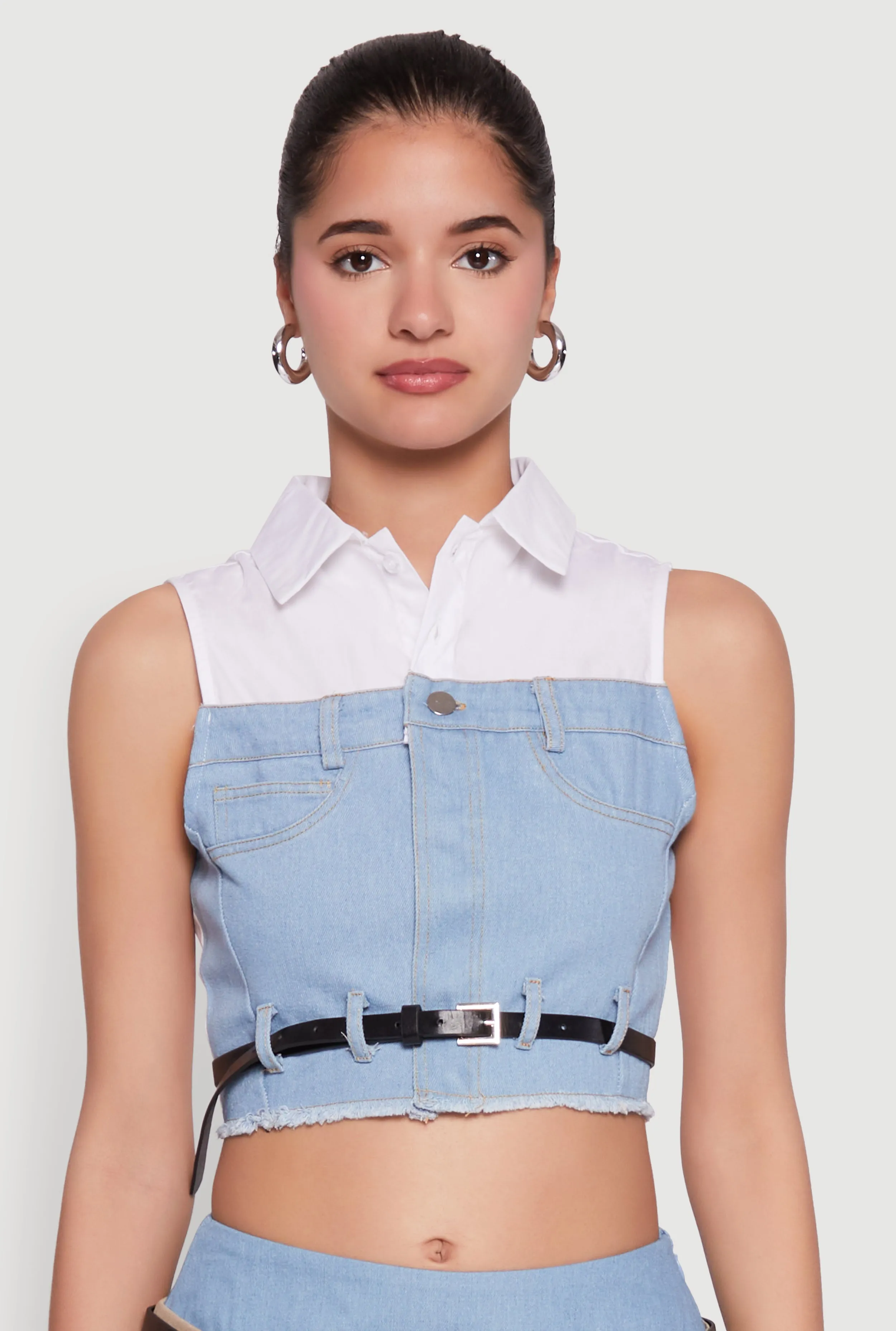 Trendy Sleeveless Buttoned Zip Front Cropped Blouse with Belt sold by Rainbow