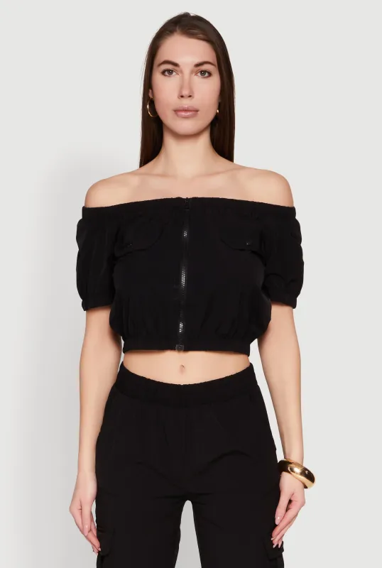 Zip Front Bubble Sleeve Crop Top sold by Rainbow