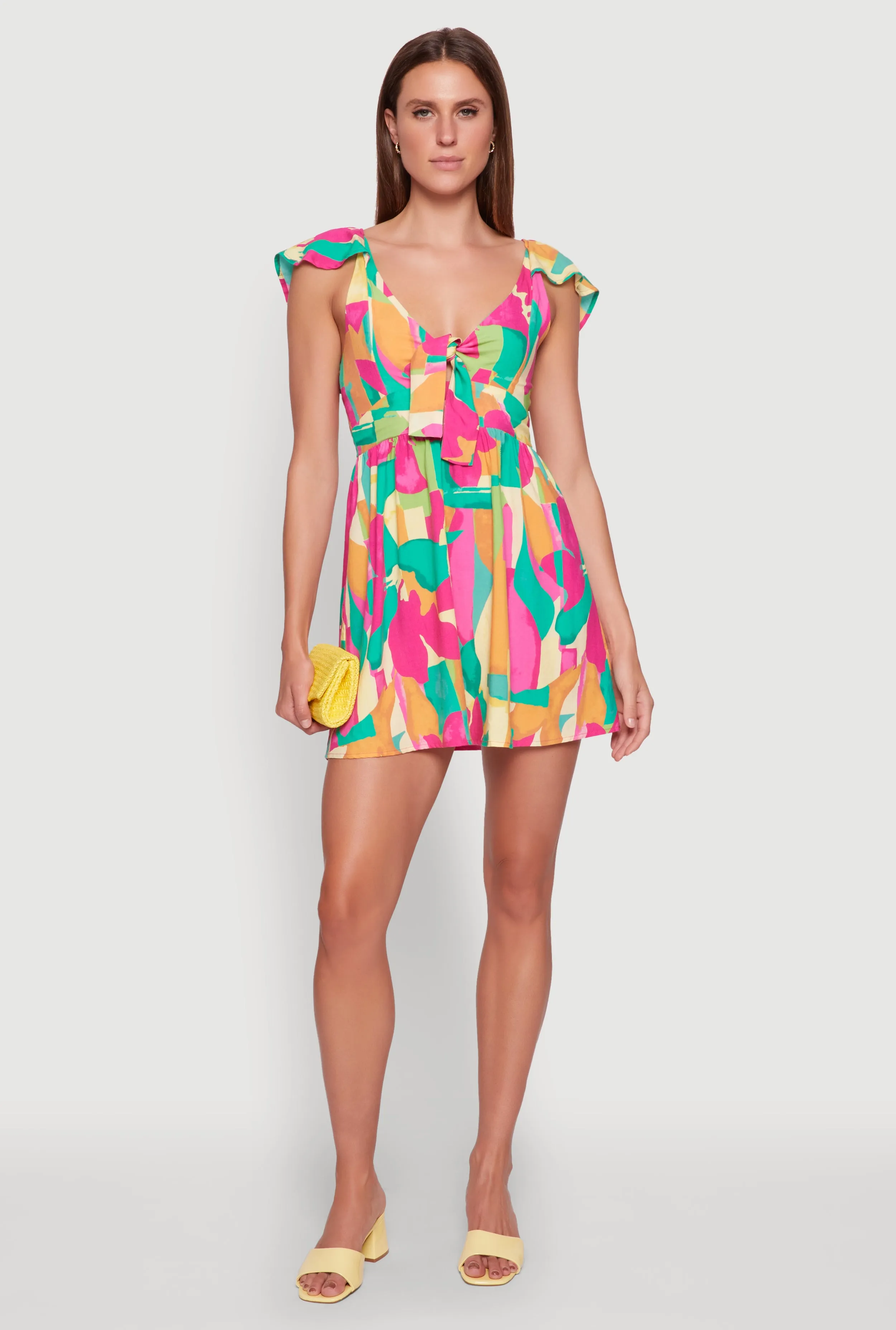 Trendy Tie Front V-Neck Sundress with Flutter Cap Sleeves sold by Rainbow