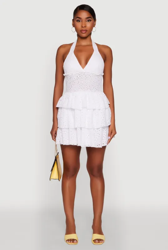 Eyelet Smocked Waist Tiered Halter Sundress sold by Rainbow