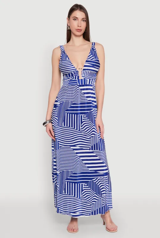 Plisse Abstract Stripe Plunge Metallic Detail Maxi Dress sold by Rainbow
