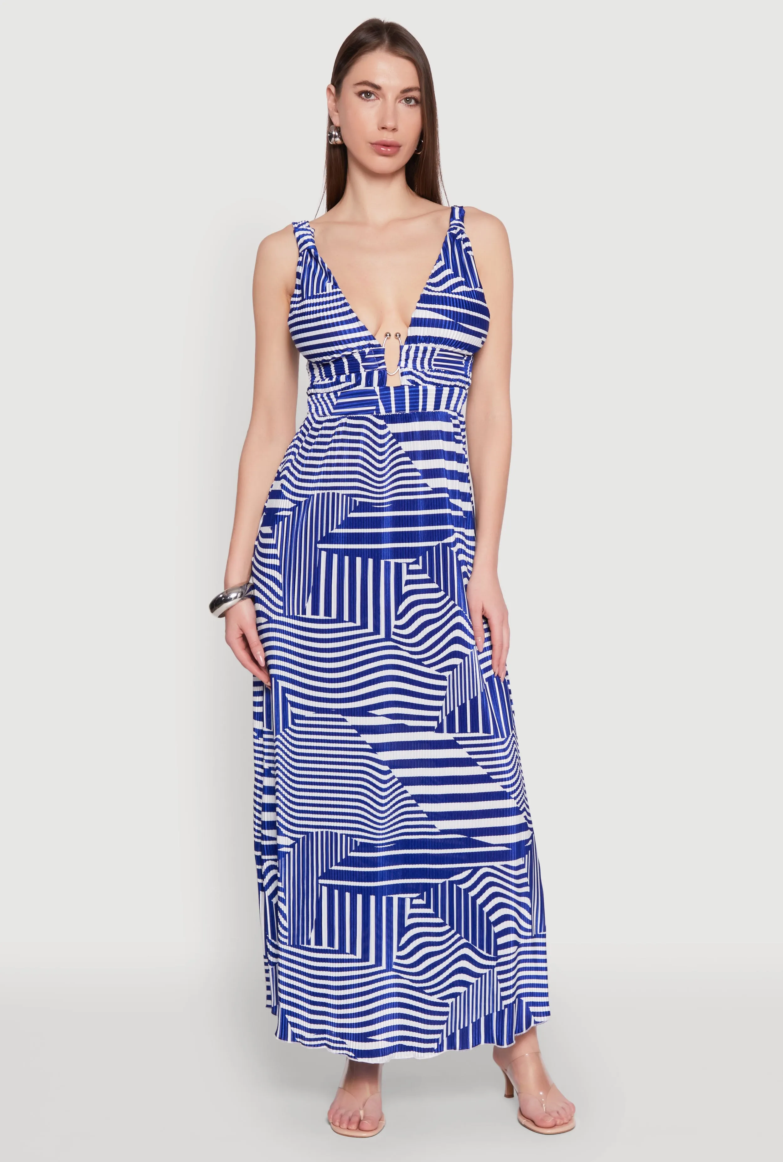 Plisse Abstract Stripe Plunge Metallic Detail Maxi Dress sold by Rainbow
