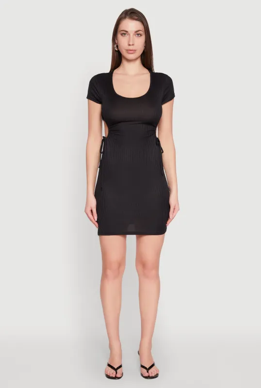 Rib Knit Side Ruched Keyhole Mini Dress sold by Rainbow