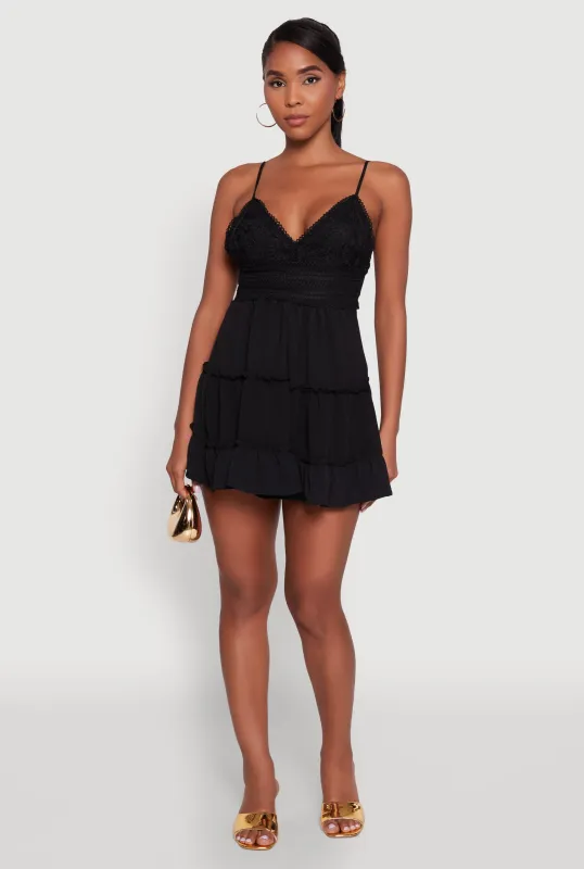Chic Crochet Detail V Neck Tiered Dress sold by Rainbow
