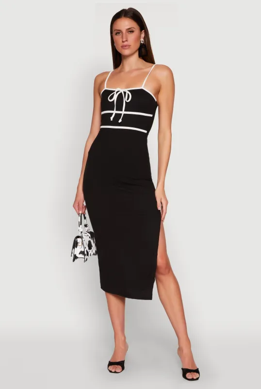 Contrast Trim Tie Front Side Slit Dress sold by Rainbow