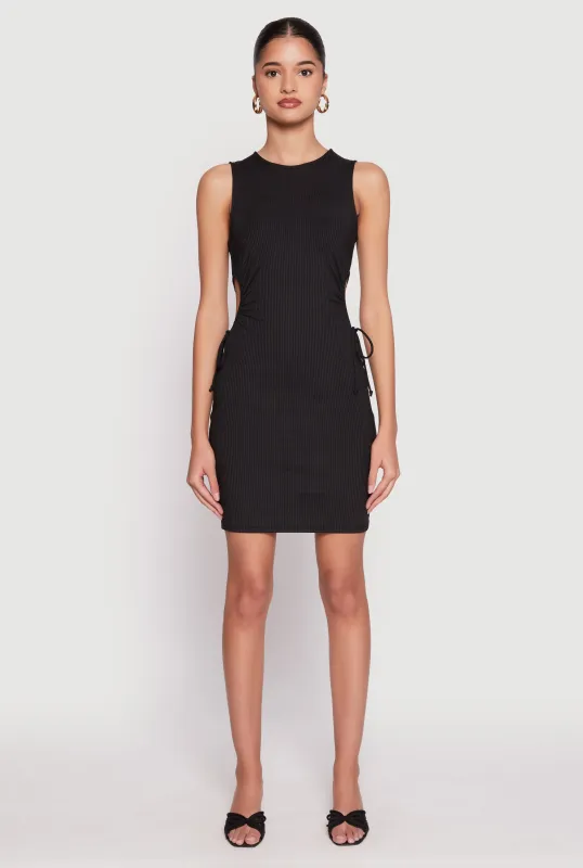 Ribbed Knit Drawstring Side Cut Out Dress sold by Rainbow