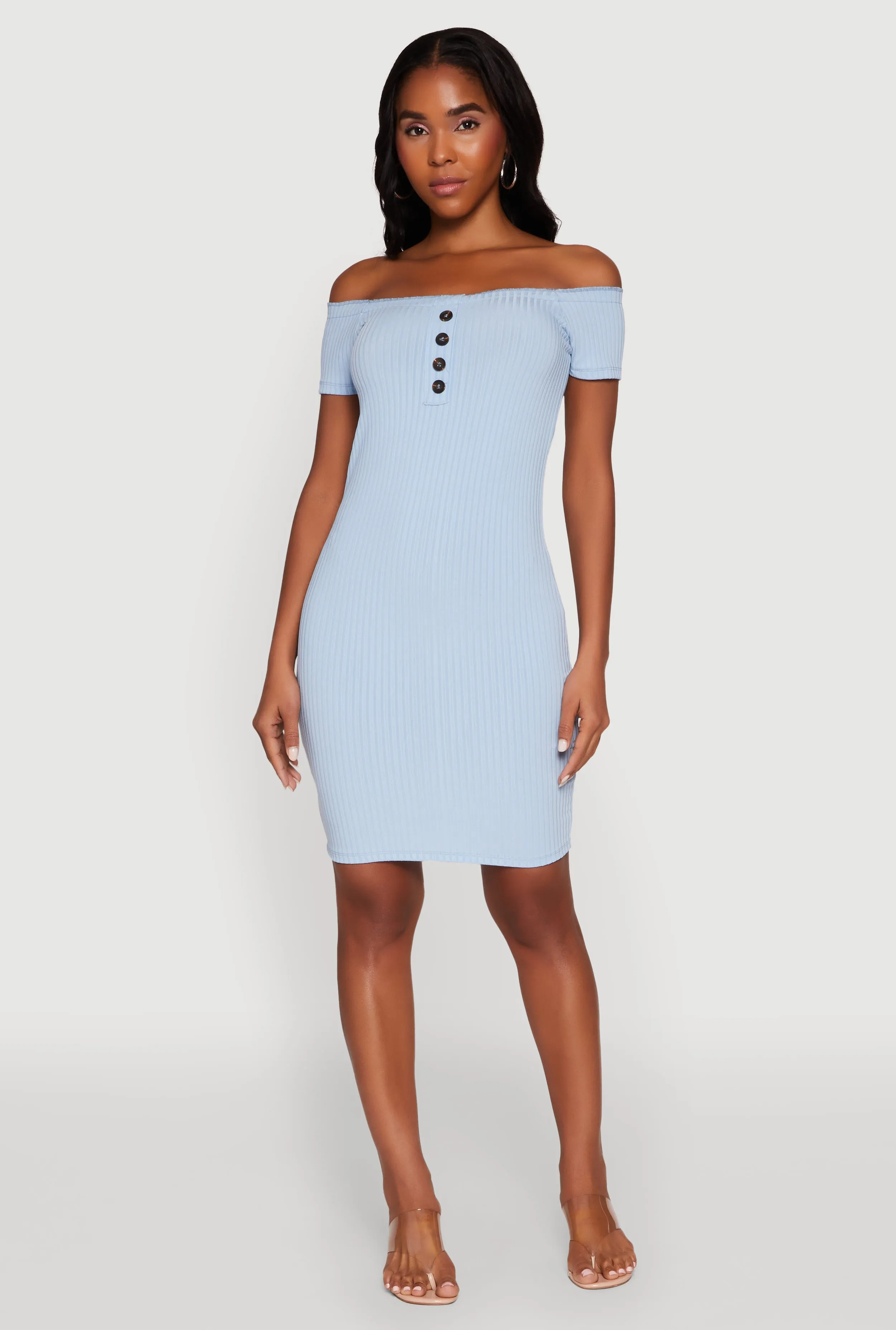 Rib Knit Faux Button Off Shoulder Bodycon Dress sold by Rainbow product image thumbnail 4