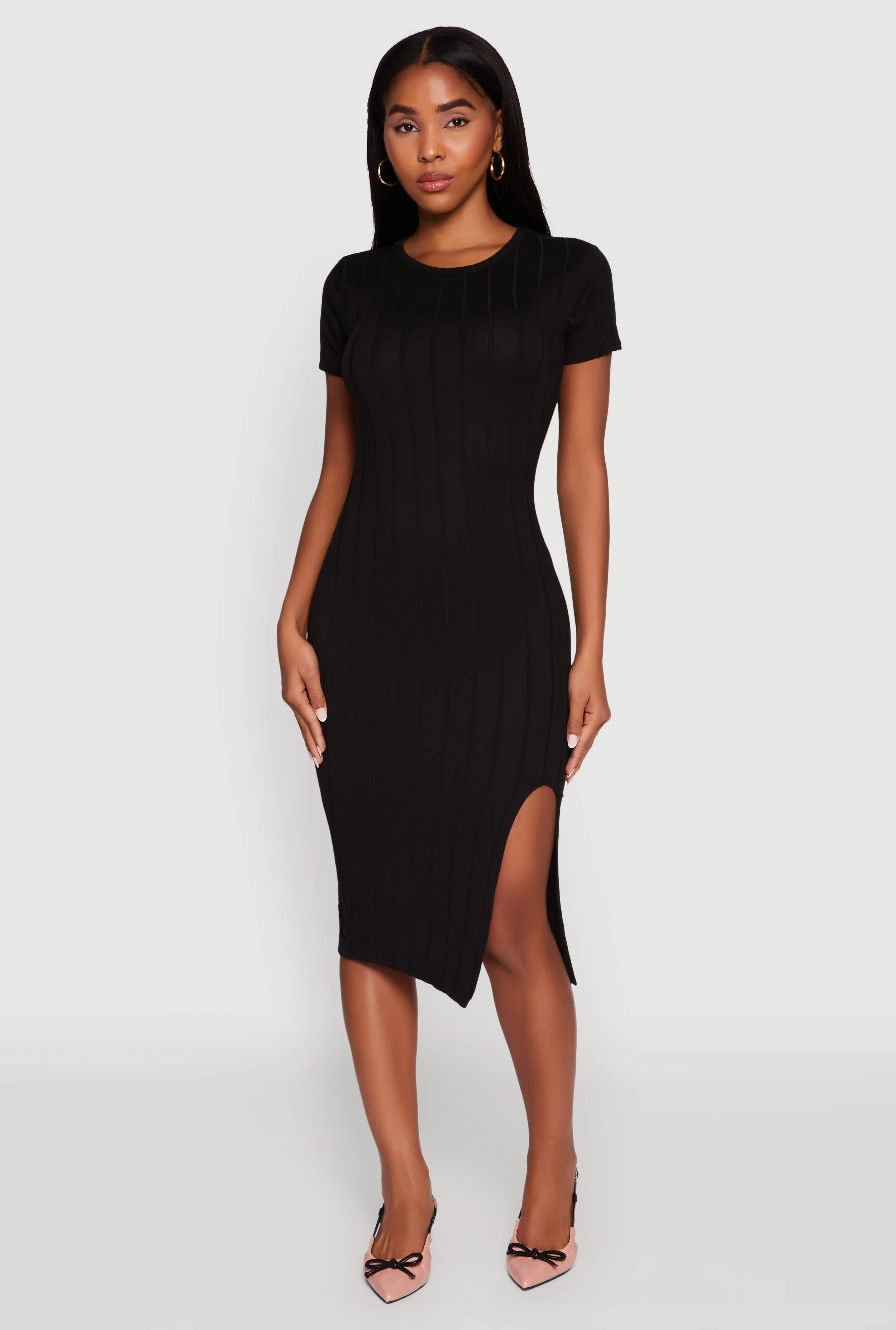 Ribbed Knit Shadow Stripe Midi T-Shirt Dress sold by Rainbow