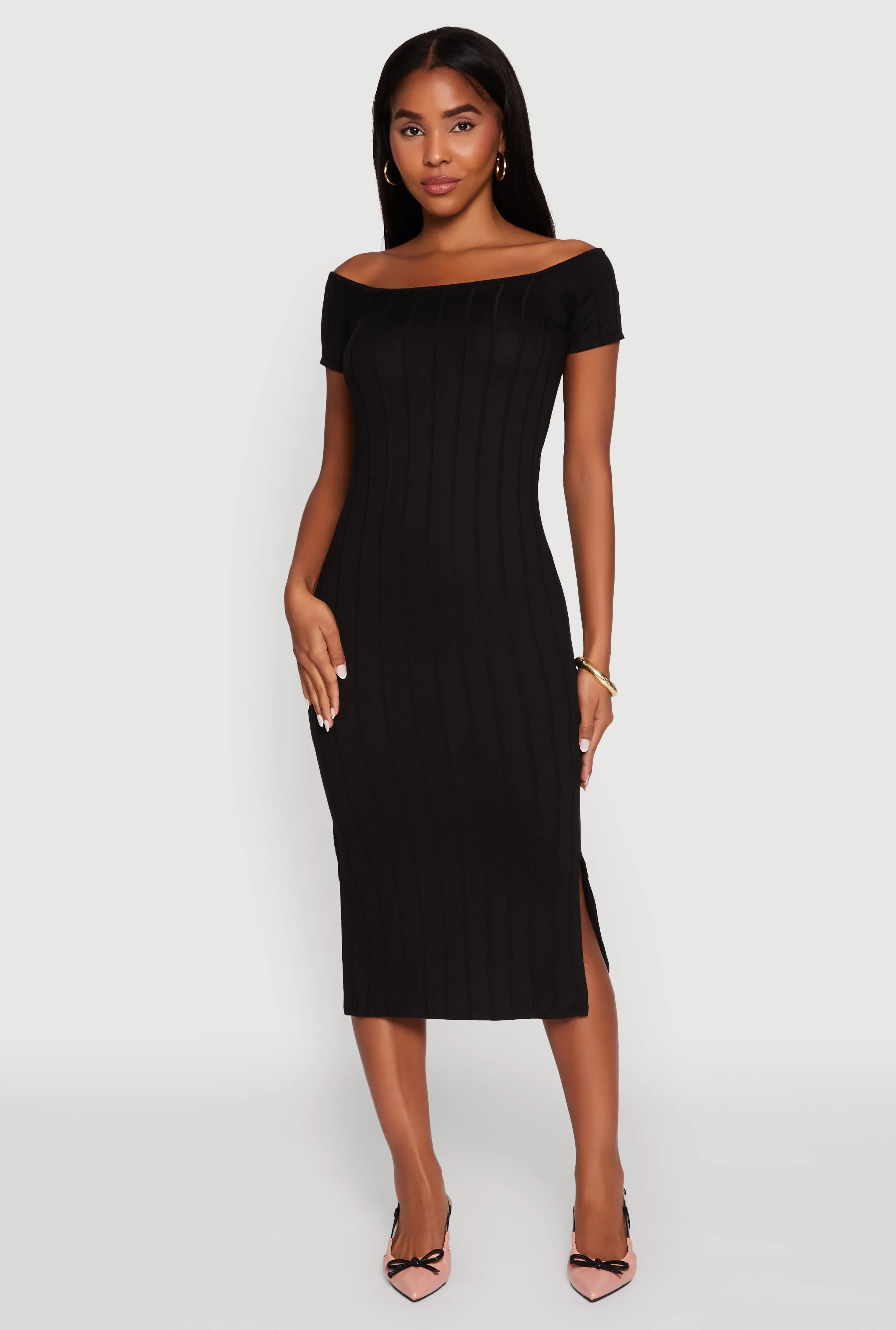 Rib Knit Side Slit Off The Shoulder Dress sold by Rainbow