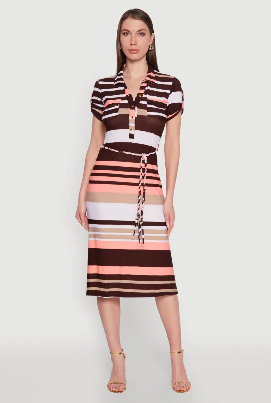 Stylish Tie Waist Belted Tabbed Sleeve Shirt Dress sold by Rainbow