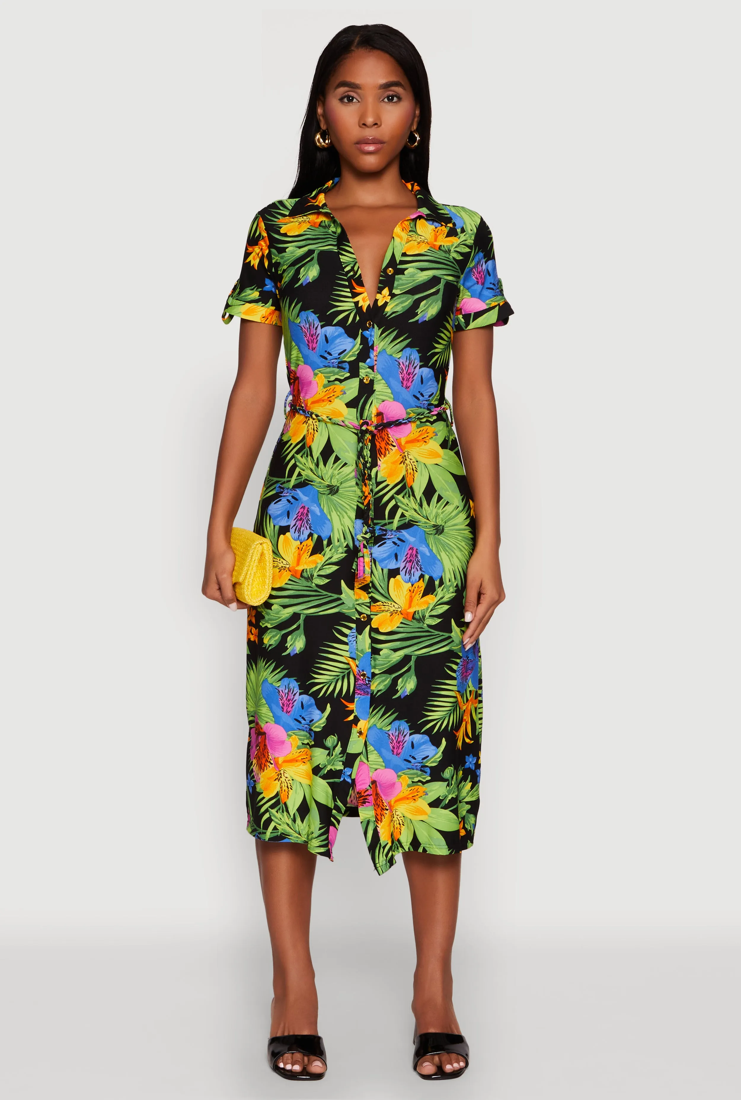 Tropical Floral Print Tie Waist Belted Dress sold by Rainbow
