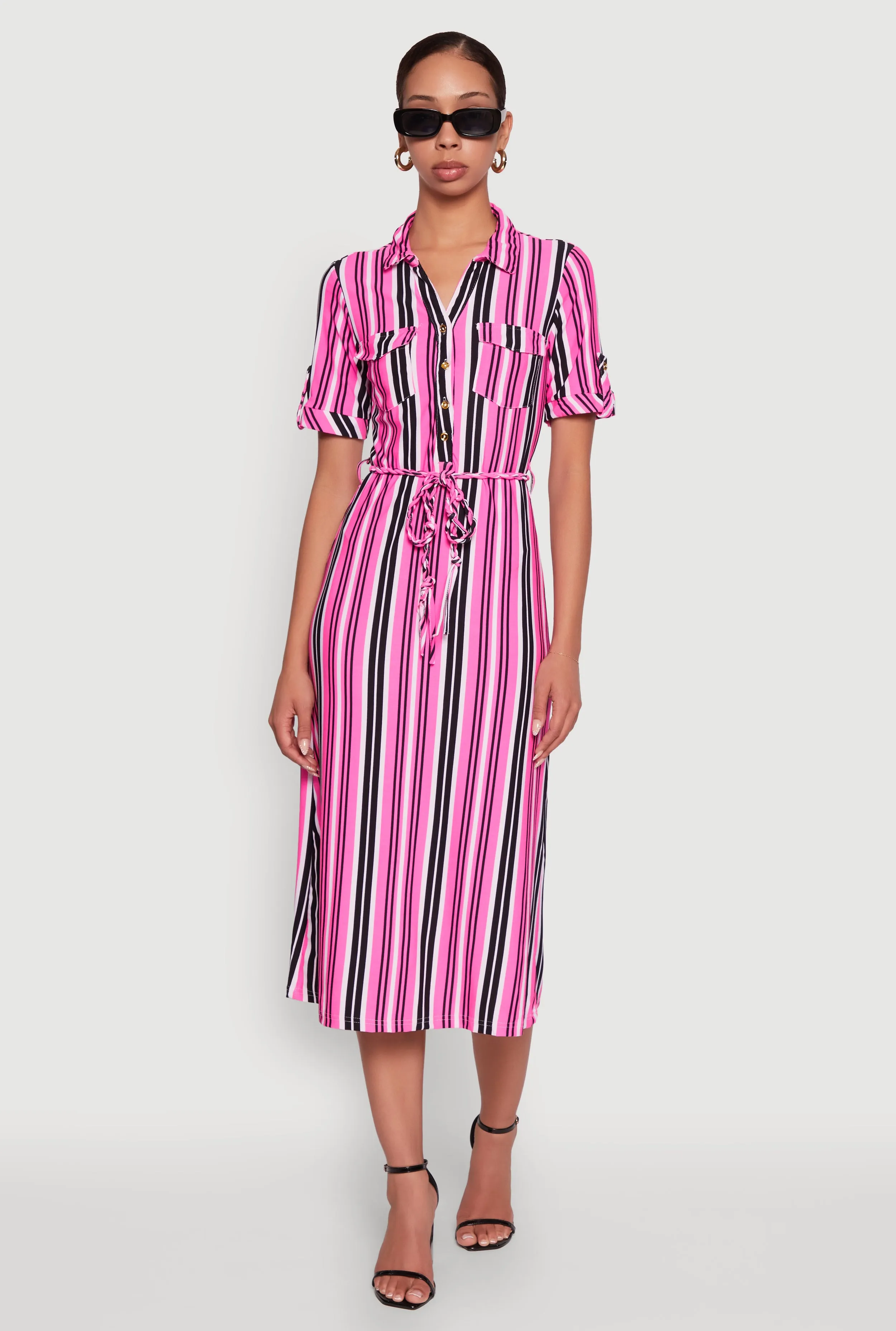 Trendy Half Button Tie Waist Striped Midi Shirt Dress sold by Rainbow product image thumbnail 2