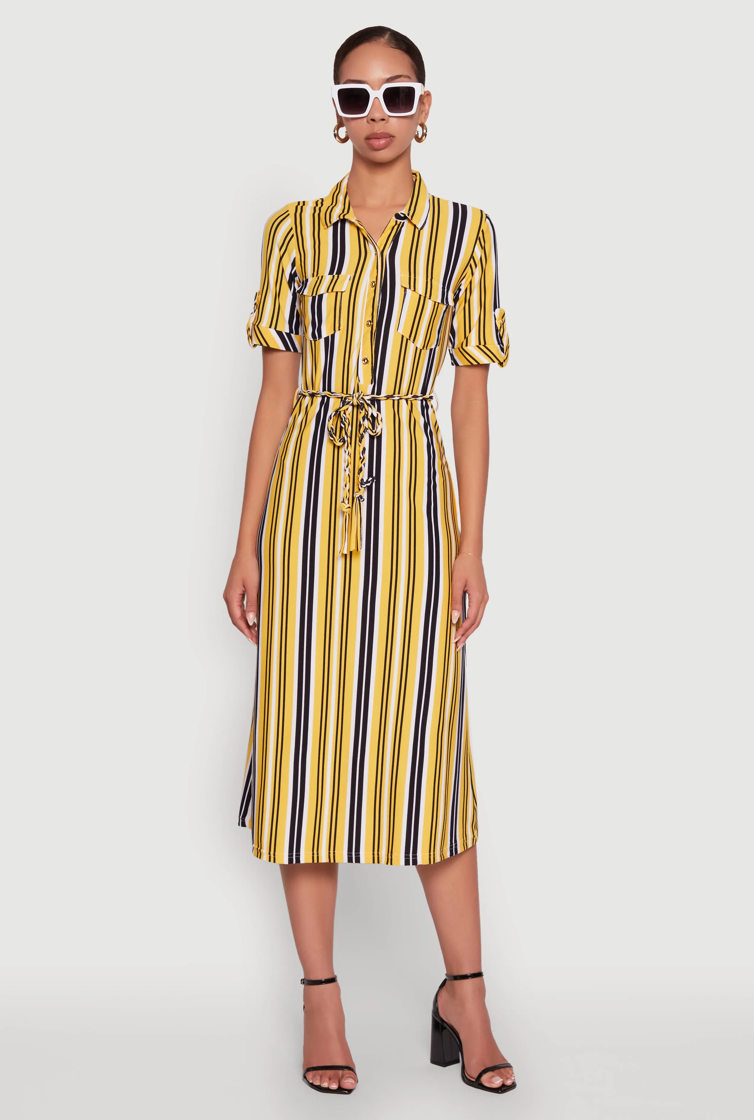 Trendy Half Button Tie Waist Striped Midi Shirt Dress sold by Rainbow product image thumbnail 3