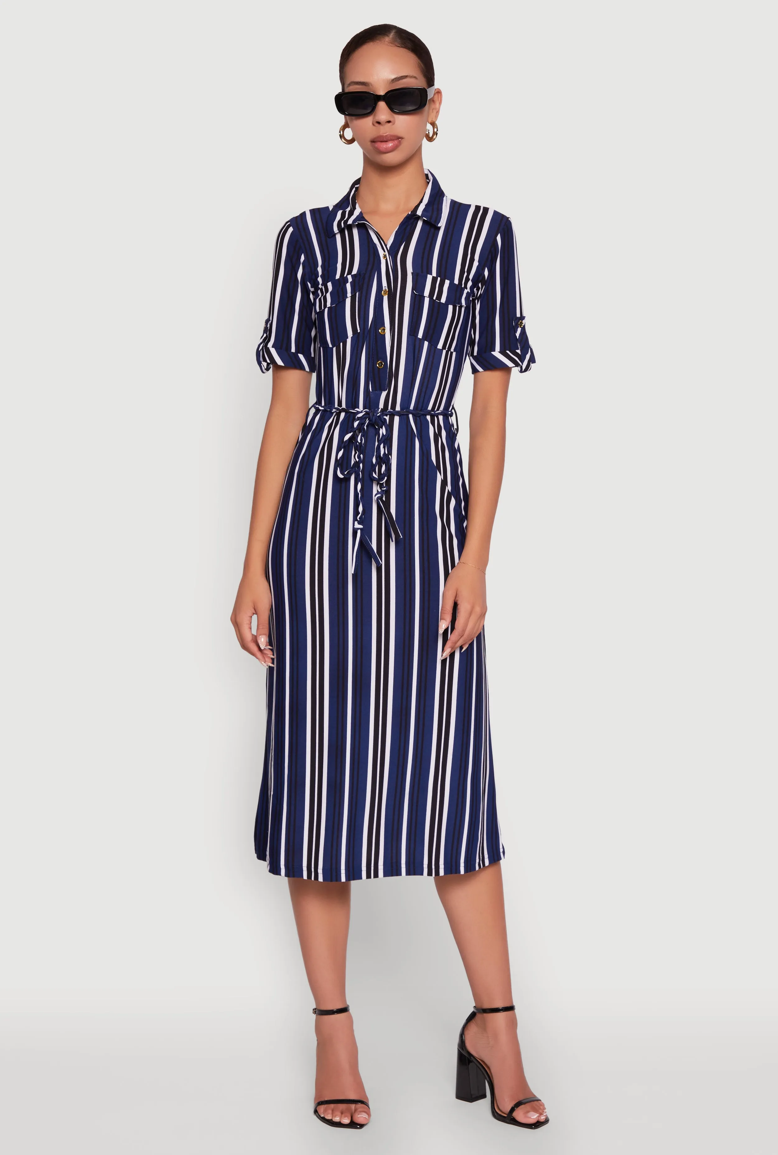 Trendy Half Button Tie Waist Striped Midi Shirt Dress sold by Rainbow