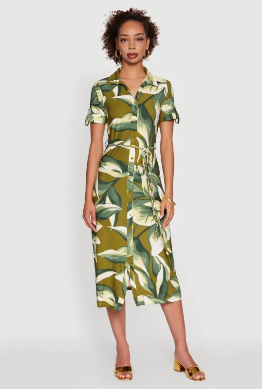 Leaf Print Button Front Shirt Dress with Tie Waist Belt sold by Rainbow