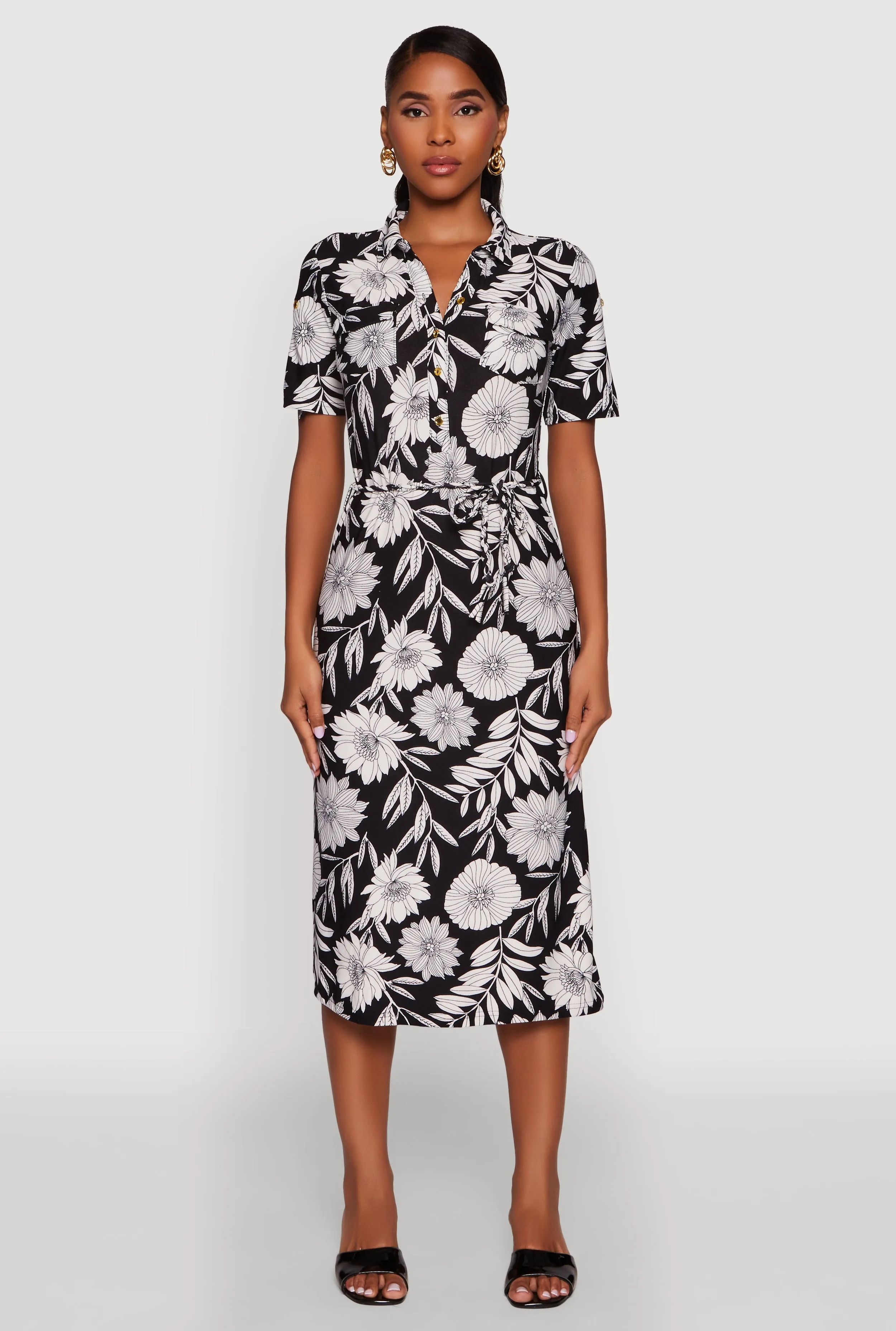 Floral Half Button Front Shirt Dress with Tie Waist Belt sold by Rainbow