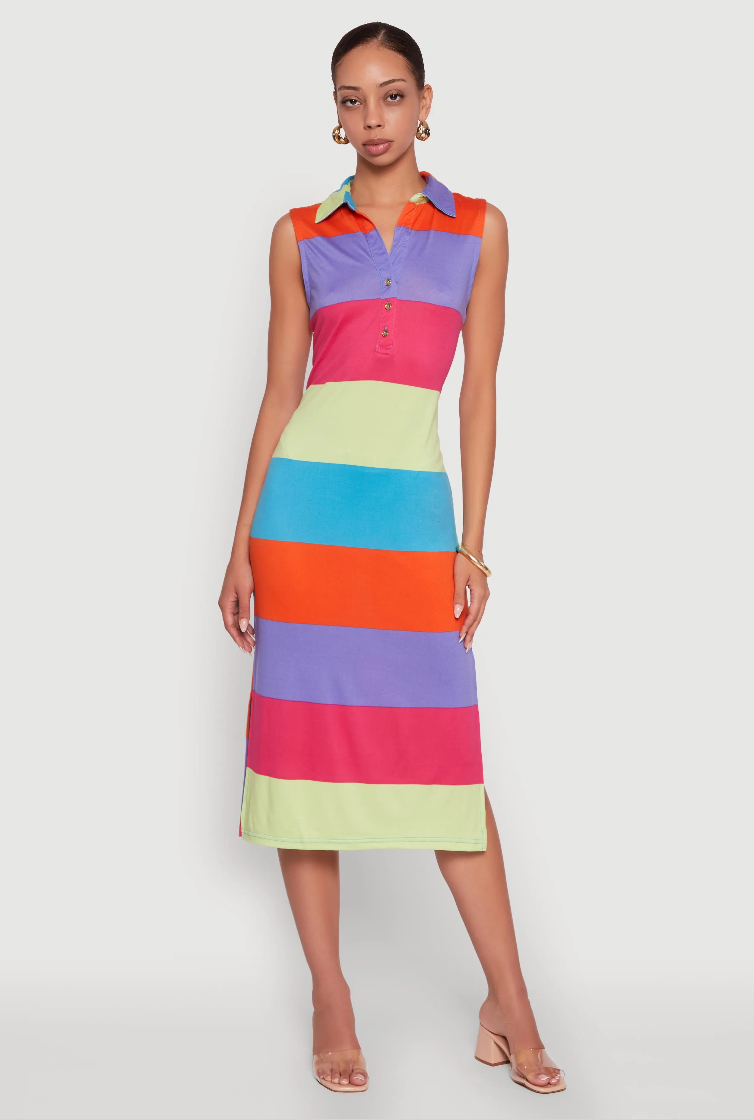 Color Blocked Striped Polo Collar Sleeveless Midi Dress sold by Rainbow product image thumbnail 2