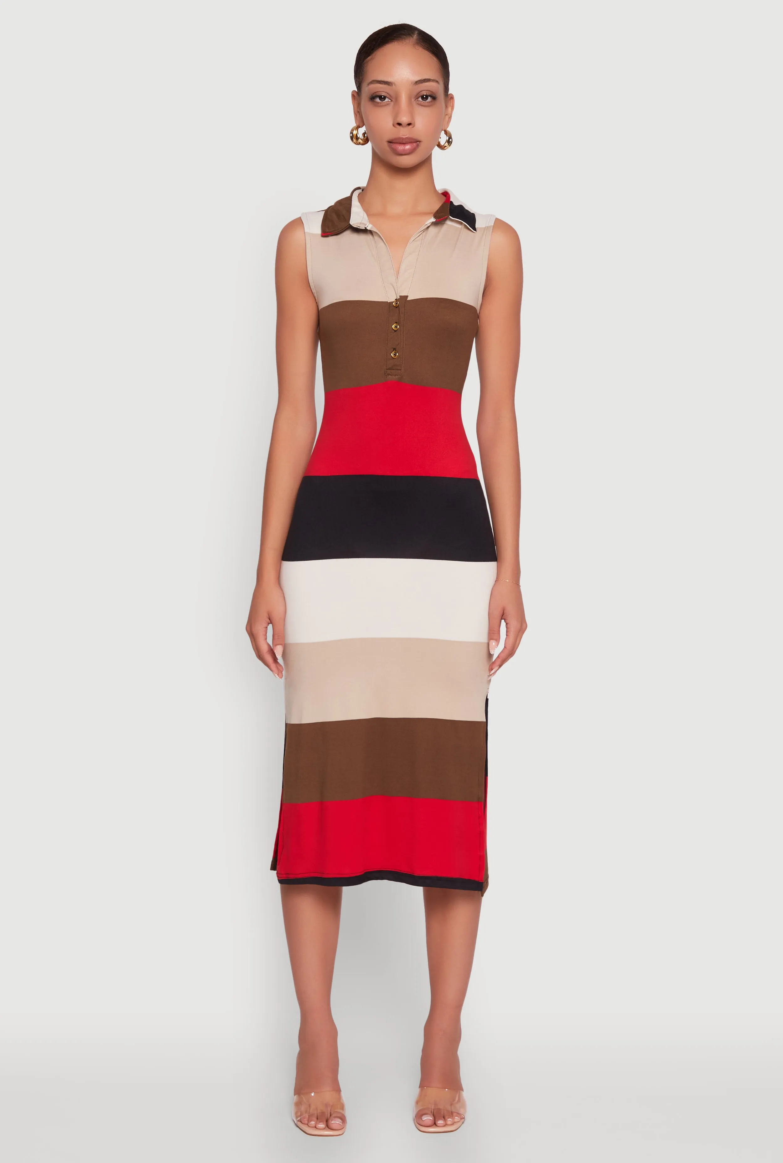Color Blocked Striped Polo Collar Sleeveless Midi Dress sold by Rainbow