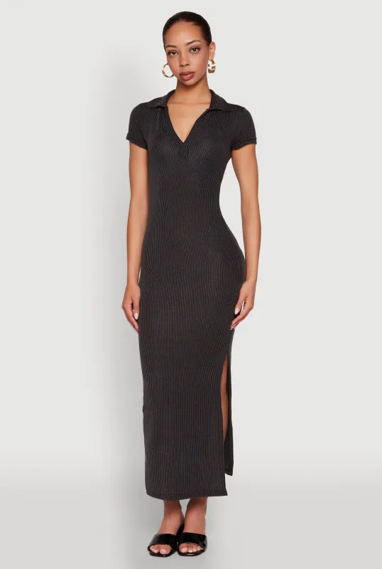 Side Slit Polo Collar Midi Dress sold by Rainbow