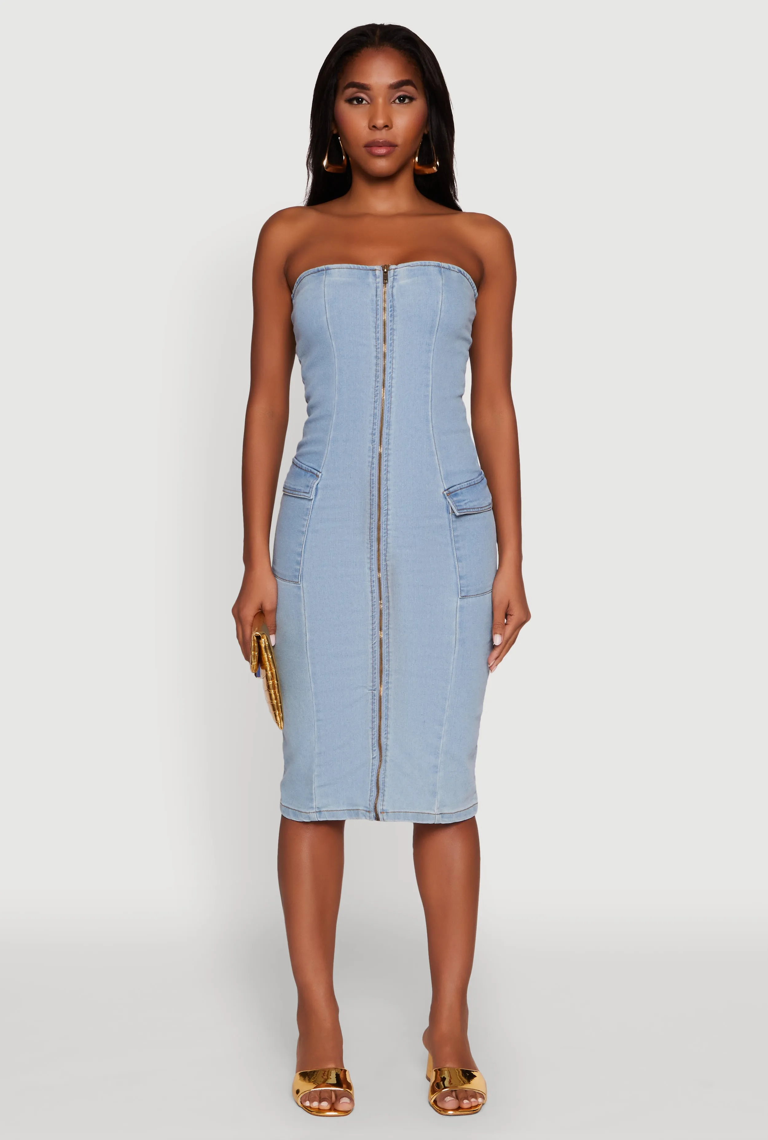 Chic Zip Front Cargo Denim Tube Dress sold by Rainbow