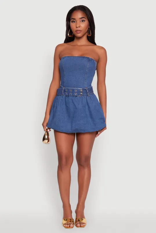 Trendy Denim Skater Dress with Belt and Grommets sold by Rainbow