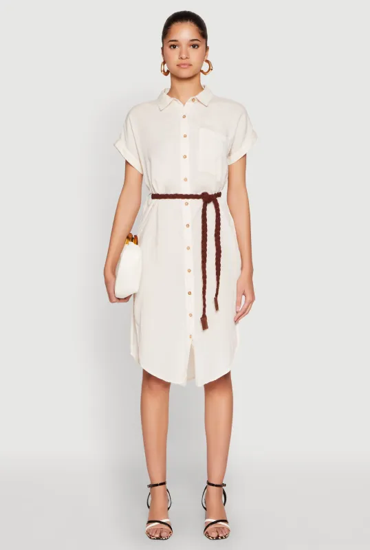 Linen Cap Sleeve Button Front Shirt Dress sold by Rainbow