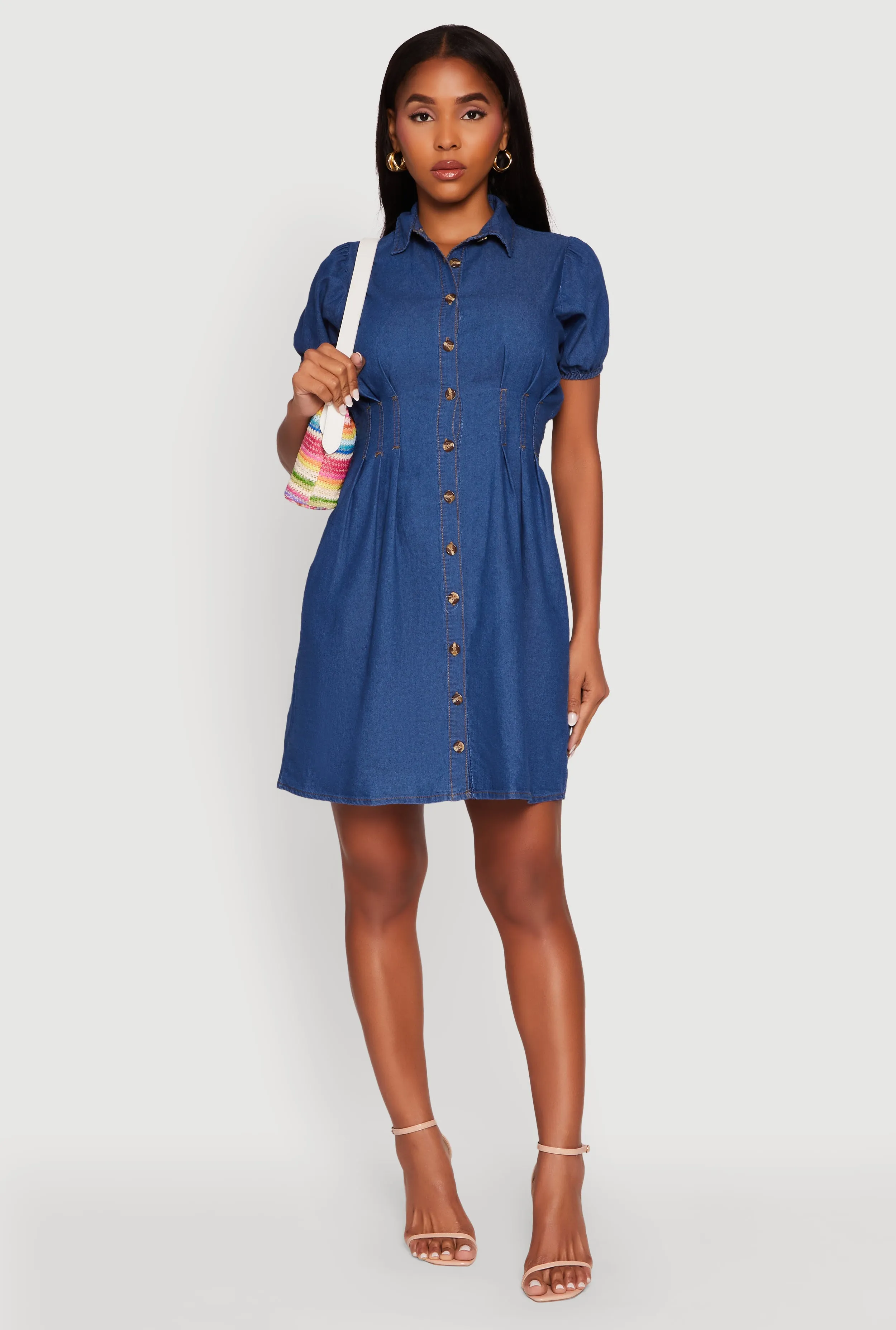 Chambray Short Puff Sleeve Shirt Dress sold by Rainbow product image thumbnail 2