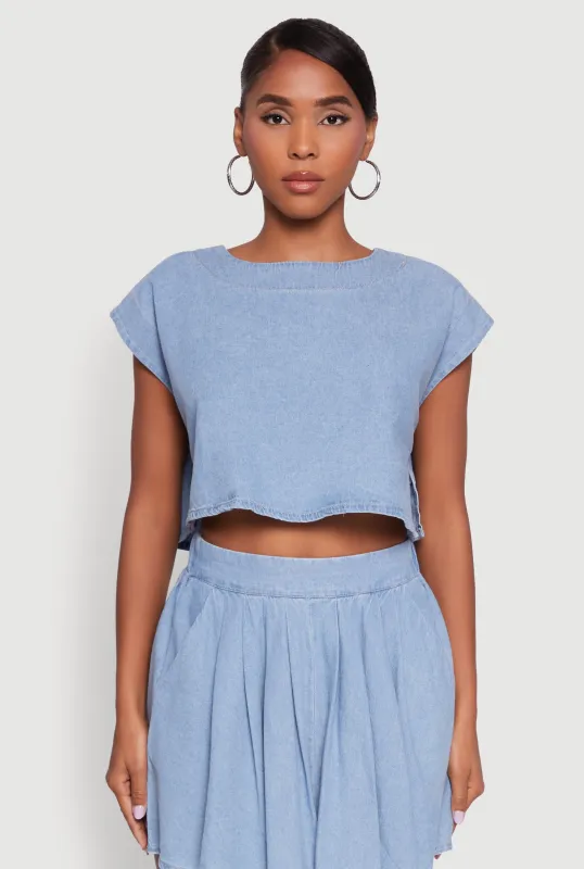 Denim Side Slit Boxy Crop Top sold by Rainbow