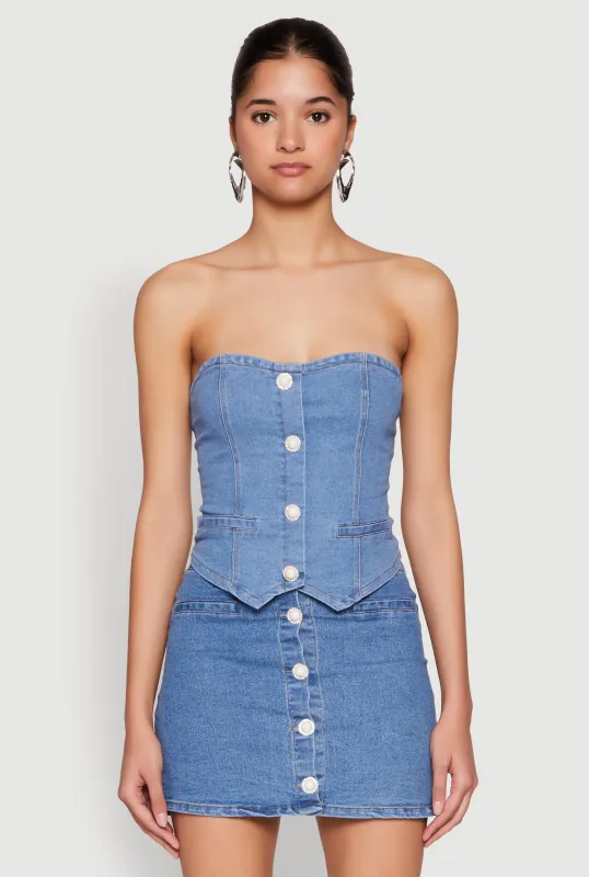 Faux Pearl Denim Tube Top sold by Rainbow