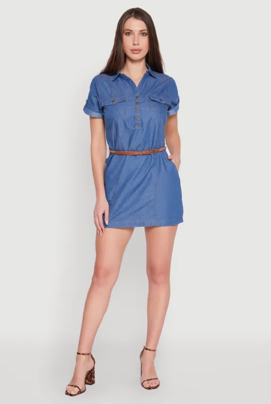 Chambray Belted Half Button Mini Dress sold by Rainbow