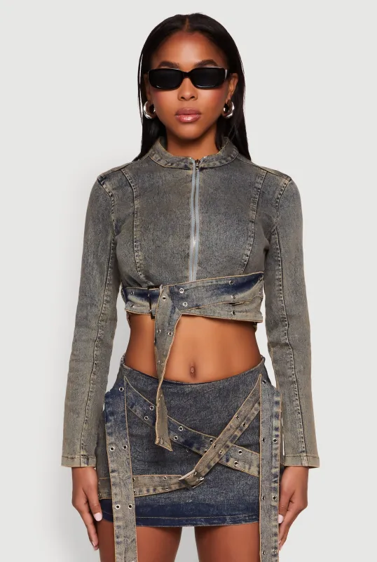 Mineral Wash Buckle Strap Cropped Jean Jacket sold by Rainbow