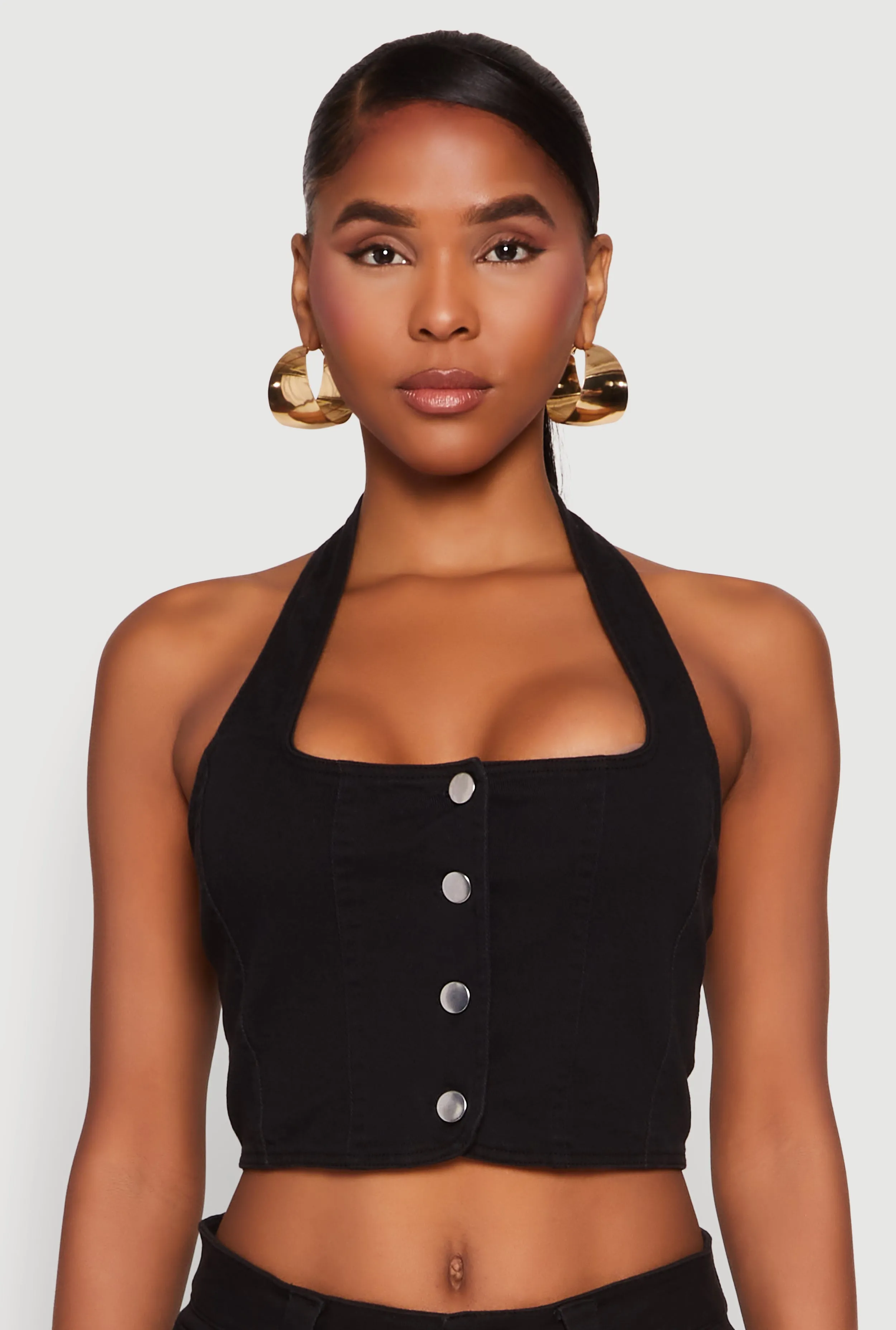 Button Front Cropped Halter Top sold by Rainbow