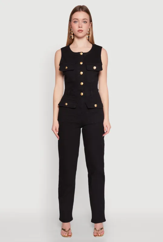 Daisy Sleeveless Button Front Denim Jumpsuit sold by Rainbow