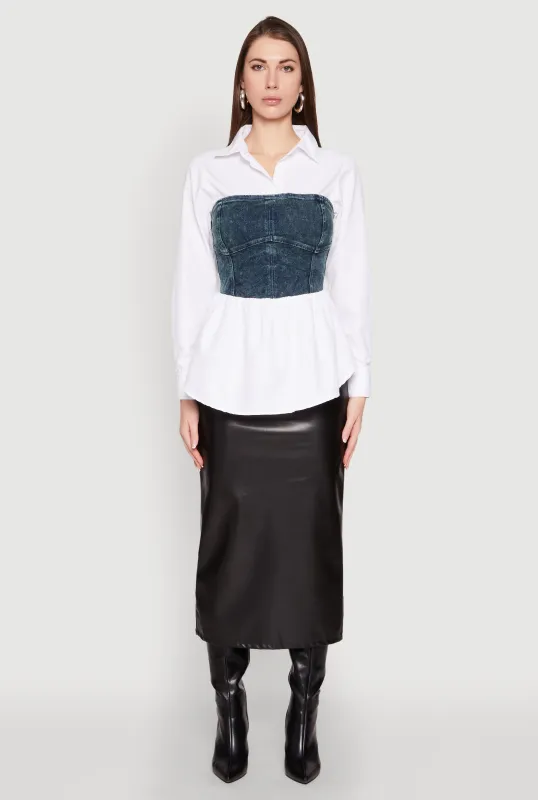 Denim Corset Detail Poplin Shirt sold by Rainbow