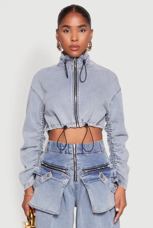 Spoon Jeans Ruched Zip Front Cropped Denim Jacket sold by Rainbow