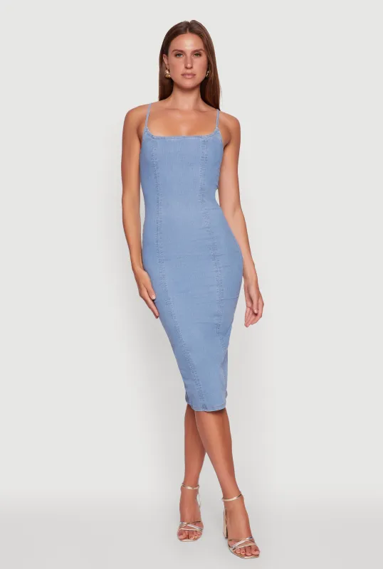 Denim Pintuck Slit Back Bodycon Dress sold by Rainbow