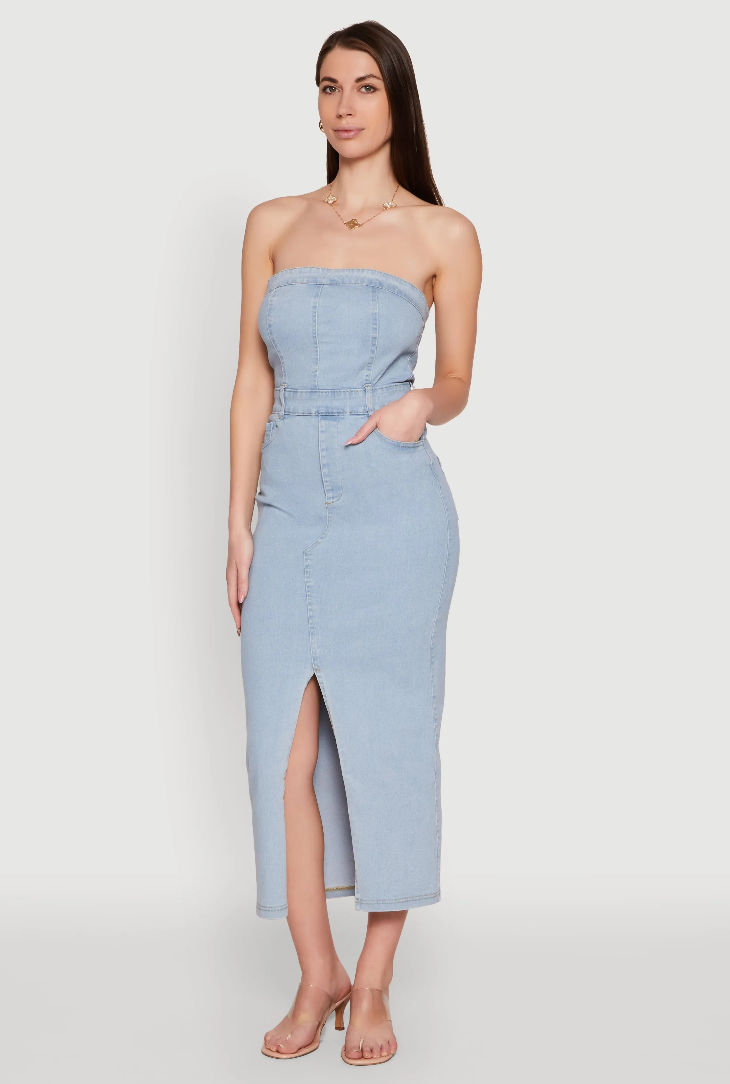 Haute Monde Denim Slit Front Tube Dress sold by Rainbow