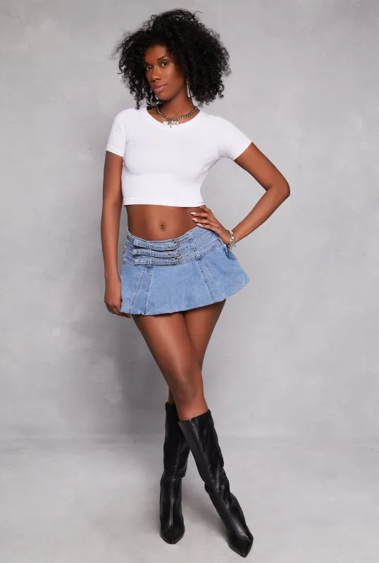 Almost Famous Buckle Front Denim Mini Skirt sold by Rainbow
