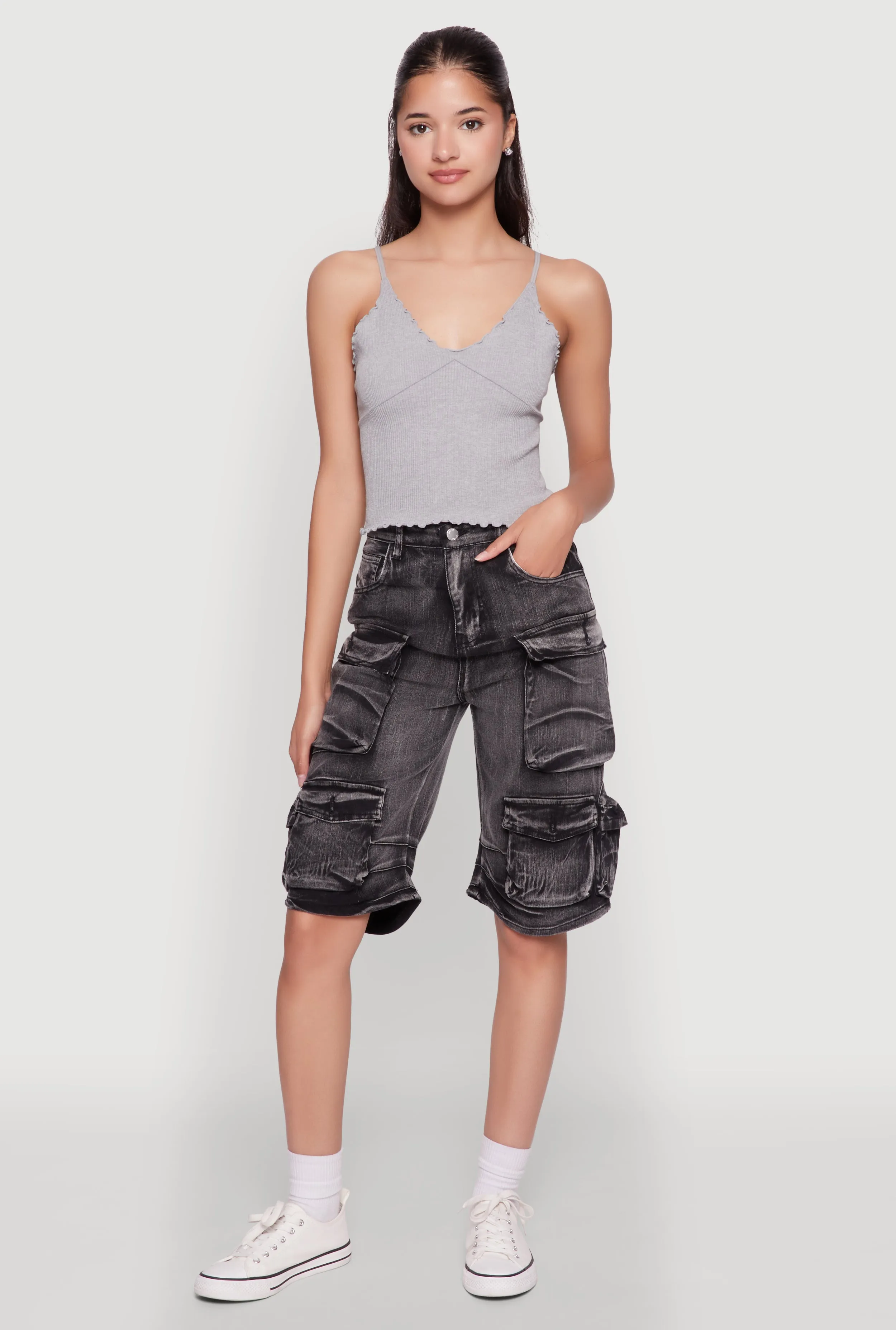 Daisy Trendy Mineral Wash High Waisted Denim Cargo Shorts sold by Rainbow