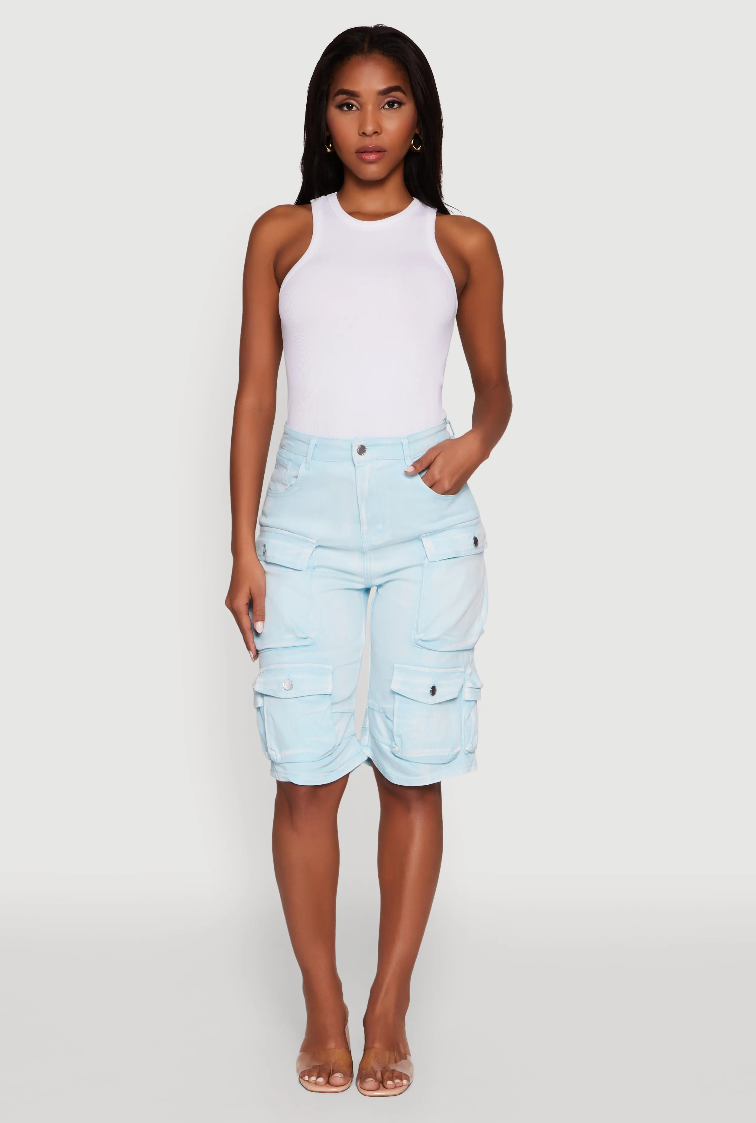 Daisy Trendy Mineral Wash High Waisted Denim Cargo Shorts sold by Rainbow product image thumbnail 2