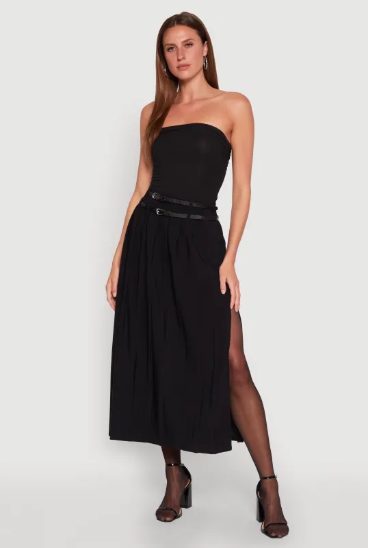 Double Belted Side Slit Pleated Skirt sold by Rainbow